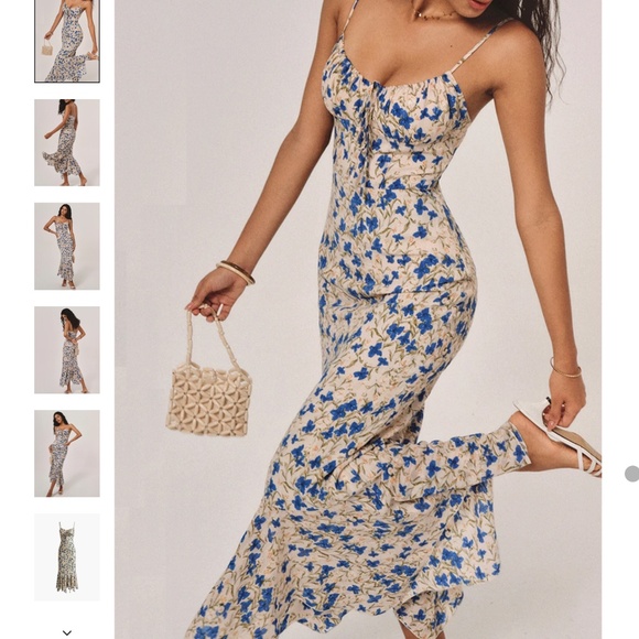 Commense Blue and Off-White Floral Maxi Dress w/ Irregular Hem. Drawstring Bust - Picture 5 of 8